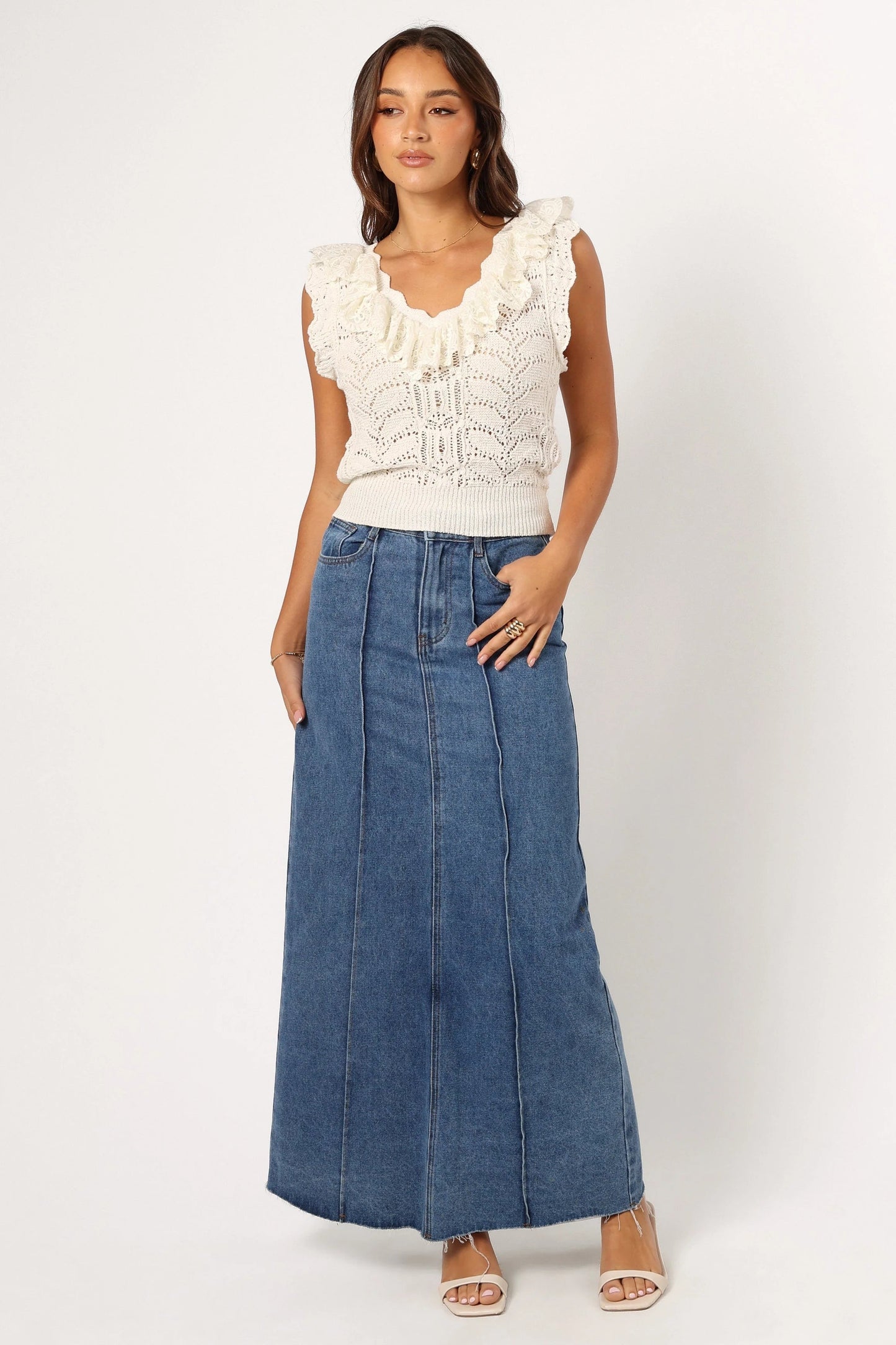 Ruffle-Shoulder Lace-Trim V-Neck Knit Top