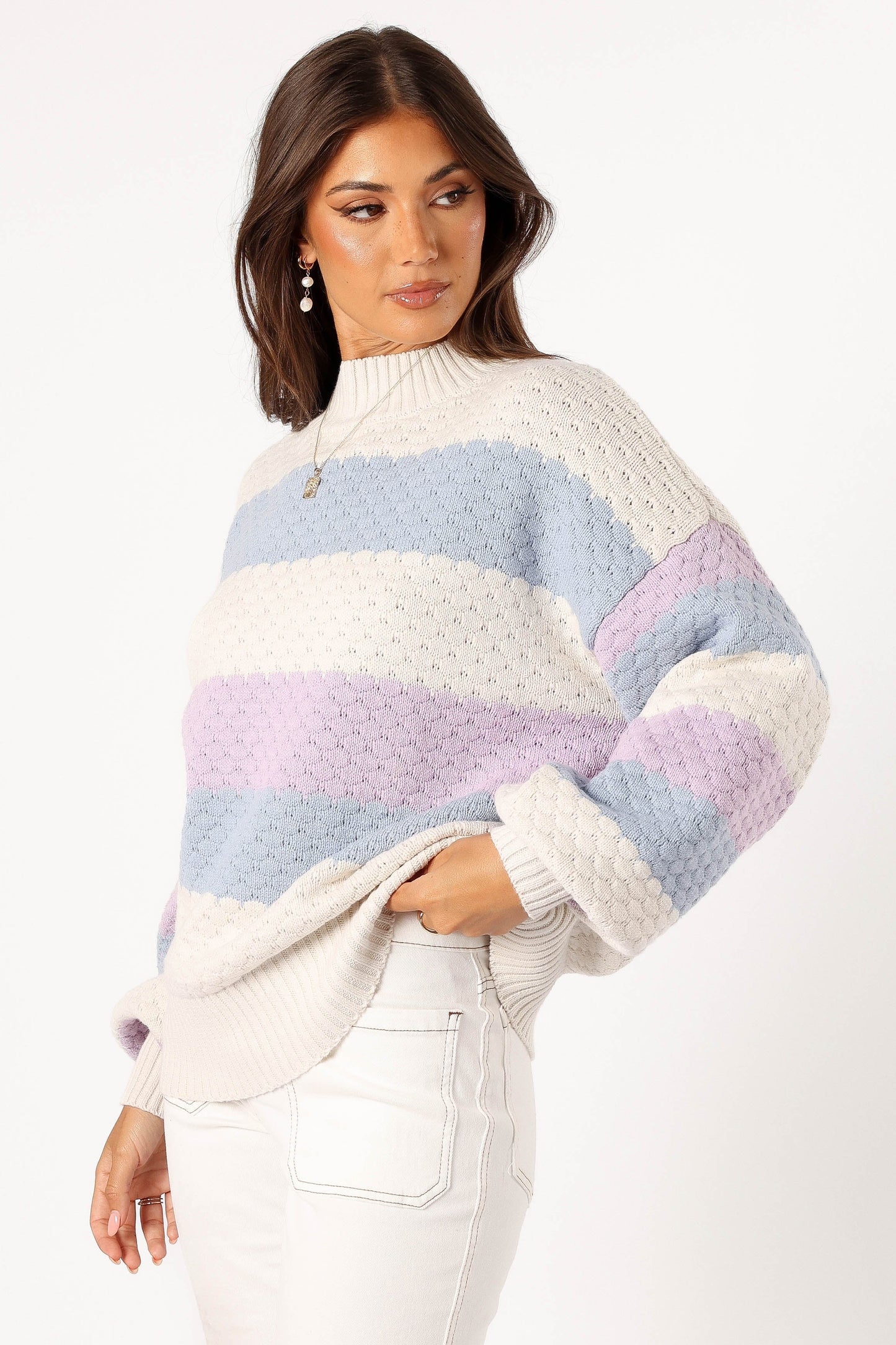 Dani Multi-Stripe Mock-Neck Knit Sweater