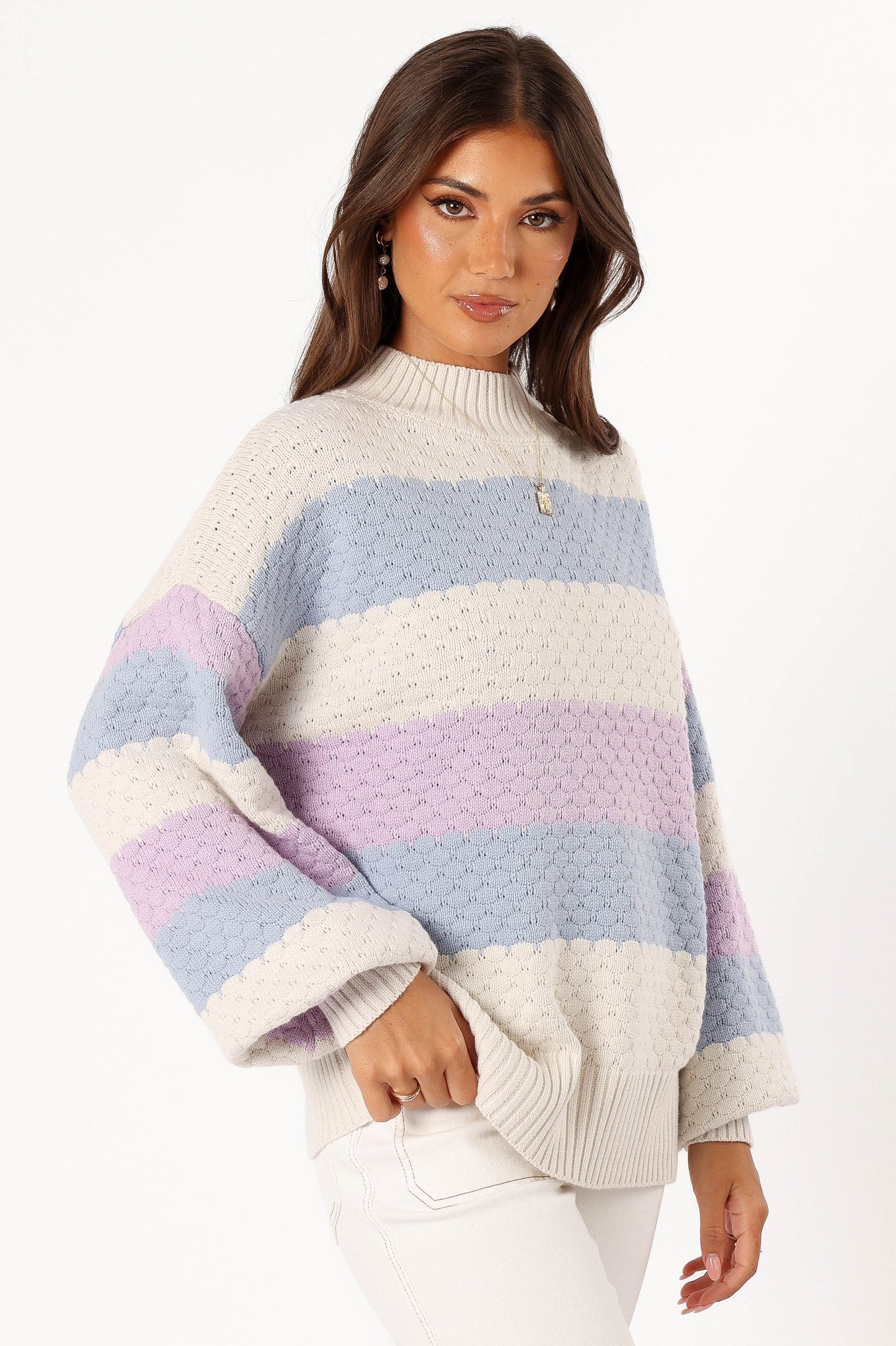Dani Multi-Stripe Mock-Neck Knit Sweater