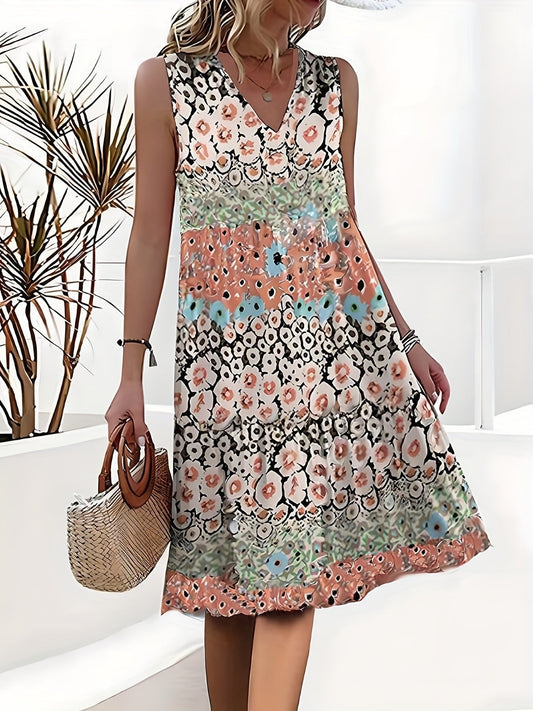 Floral V-Neck Sleeveless Midi Dress