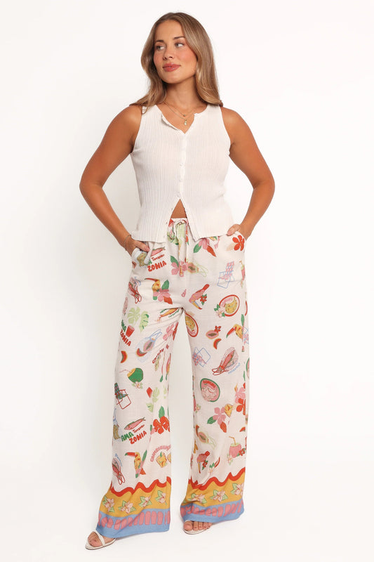High-Waist Drawstring Tropical Print Pants