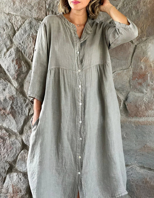 Linen Button-Down Midi Dress for Women
