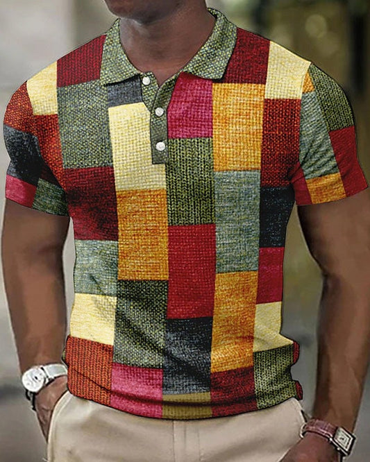 Men’s Color-Block Plaid Polo Shirt