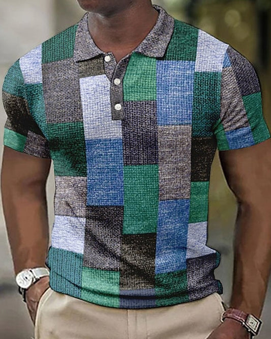 Men’s Color-Block Plaid Polo Shirt
