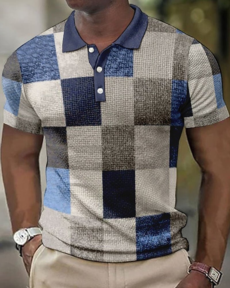 Men’s Color-Block Plaid Polo Shirt