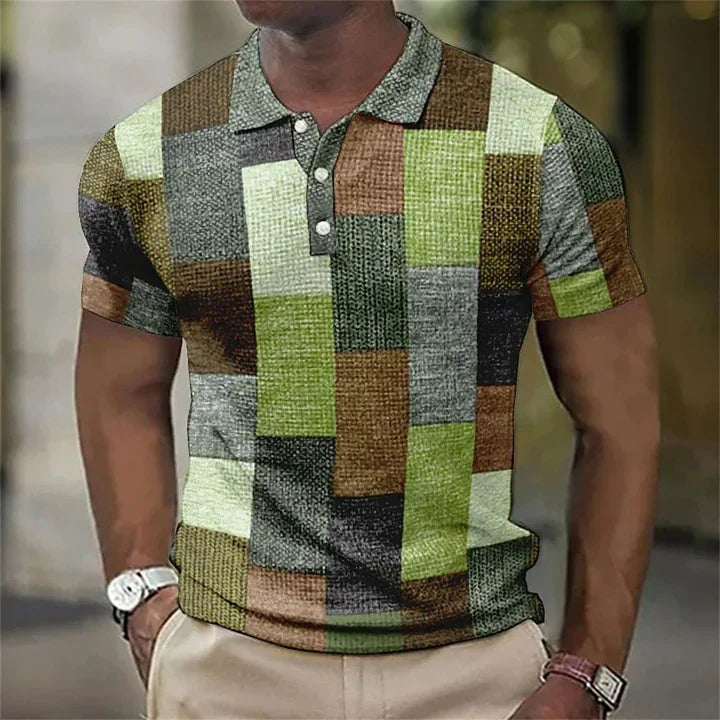 Men’s Color-Block Plaid Polo Shirt