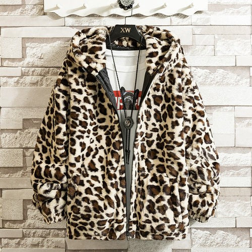 Men’s Zip-Up Leopard-Print Hooded Jacket