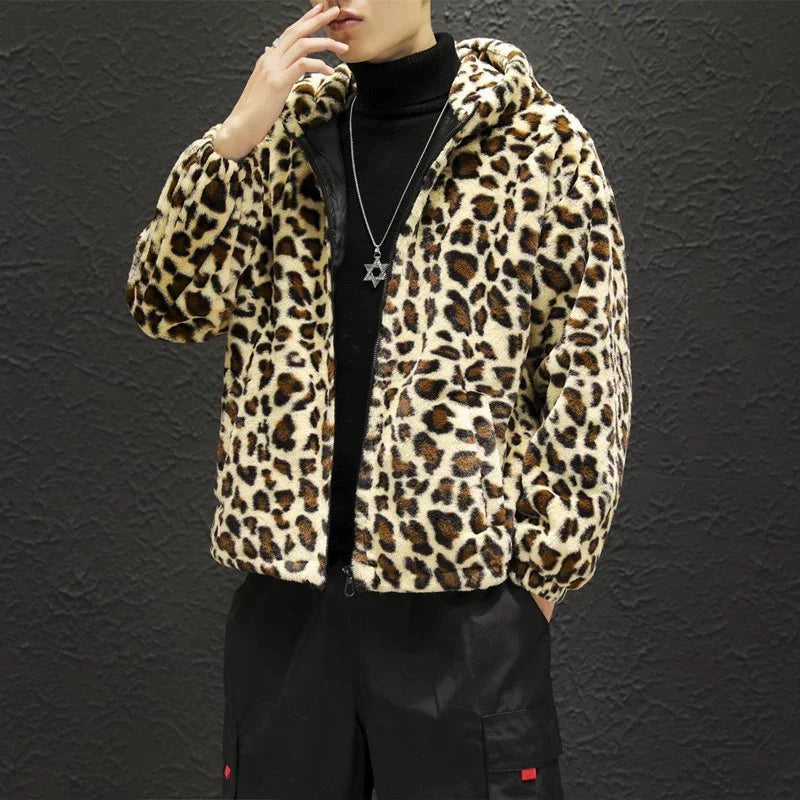 Men’s Zip-Up Leopard-Print Hooded Jacket