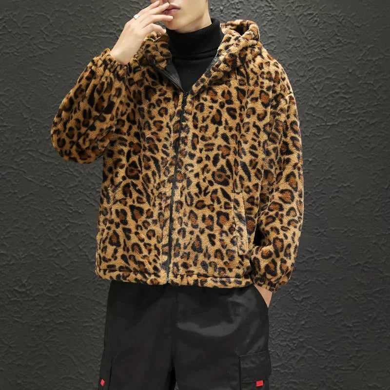 Men’s Zip-Up Leopard-Print Hooded Jacket