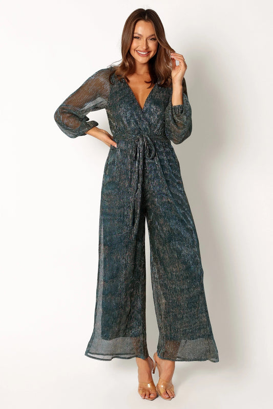 Metallic-Stripe V-Neck Belted Jumpsuit