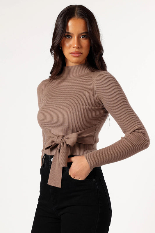 Ribbed High-Neck Tie-Waist Knit Top