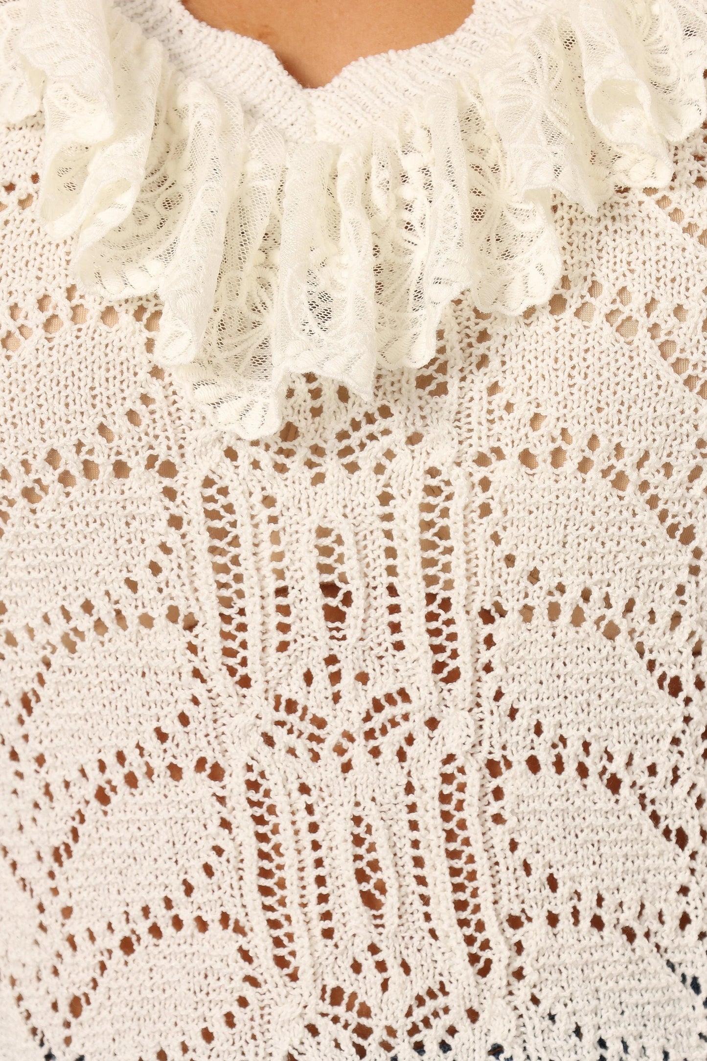 Ruffle-Shoulder Lace-Trim V-Neck Knit Top