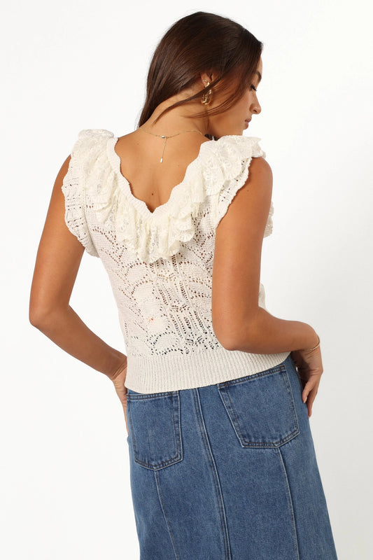 Ruffle-Shoulder Lace-Trim V-Neck Knit Top