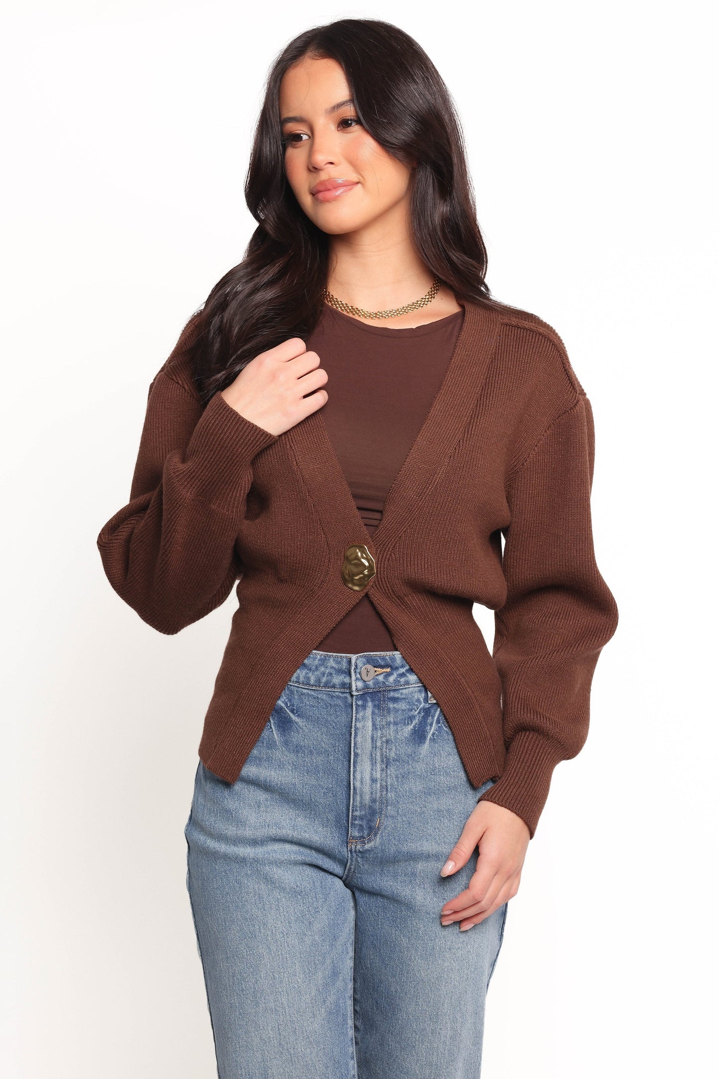 Single-Button Ribbed V-Neck Cardigan