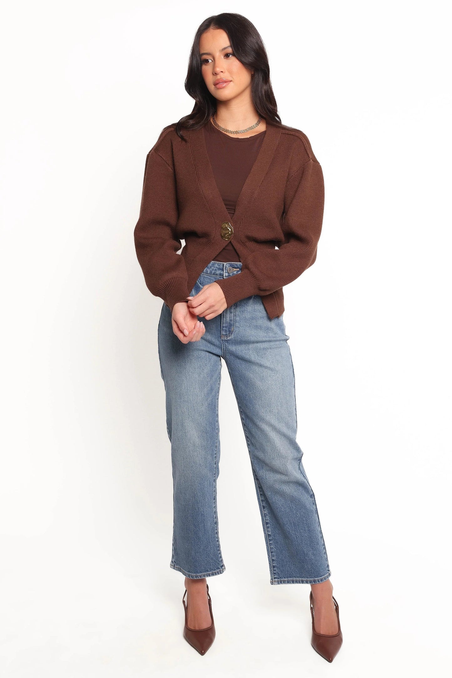 Single-Button Ribbed V-Neck Cardigan