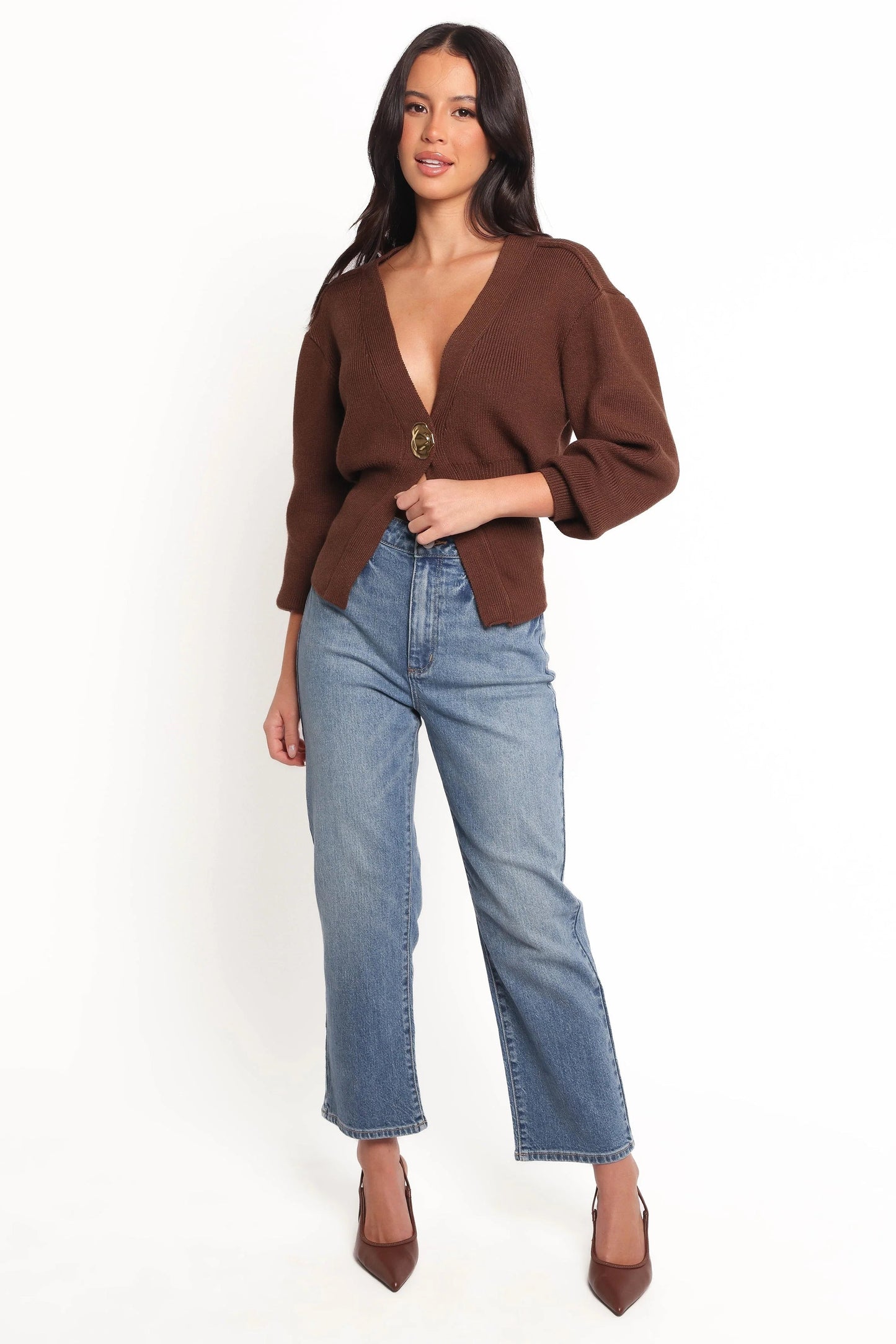 Single-Button Ribbed V-Neck Cardigan