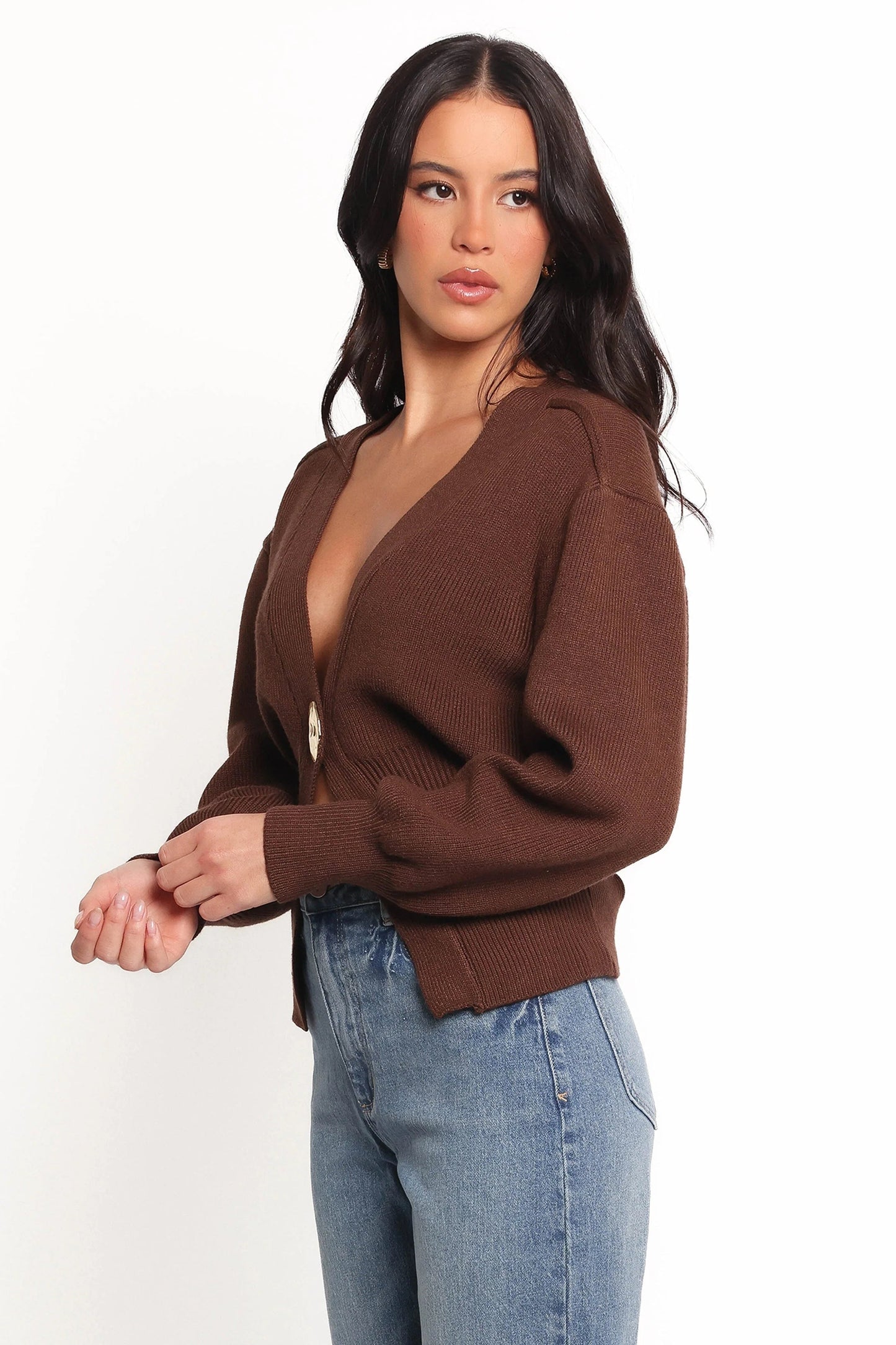Single-Button Ribbed V-Neck Cardigan