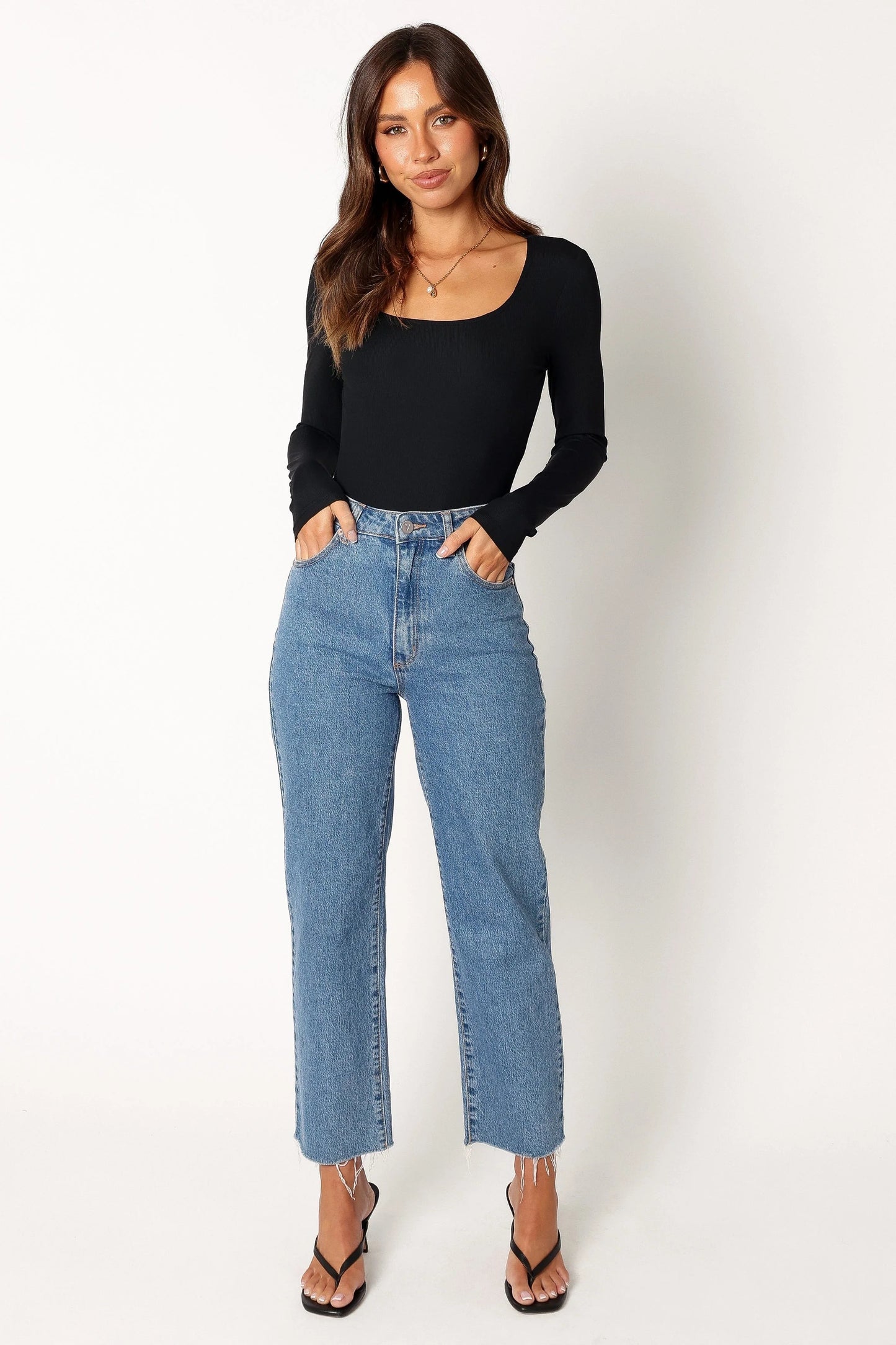 Square-Neck Ribbed Long-Sleeve Bodysuit