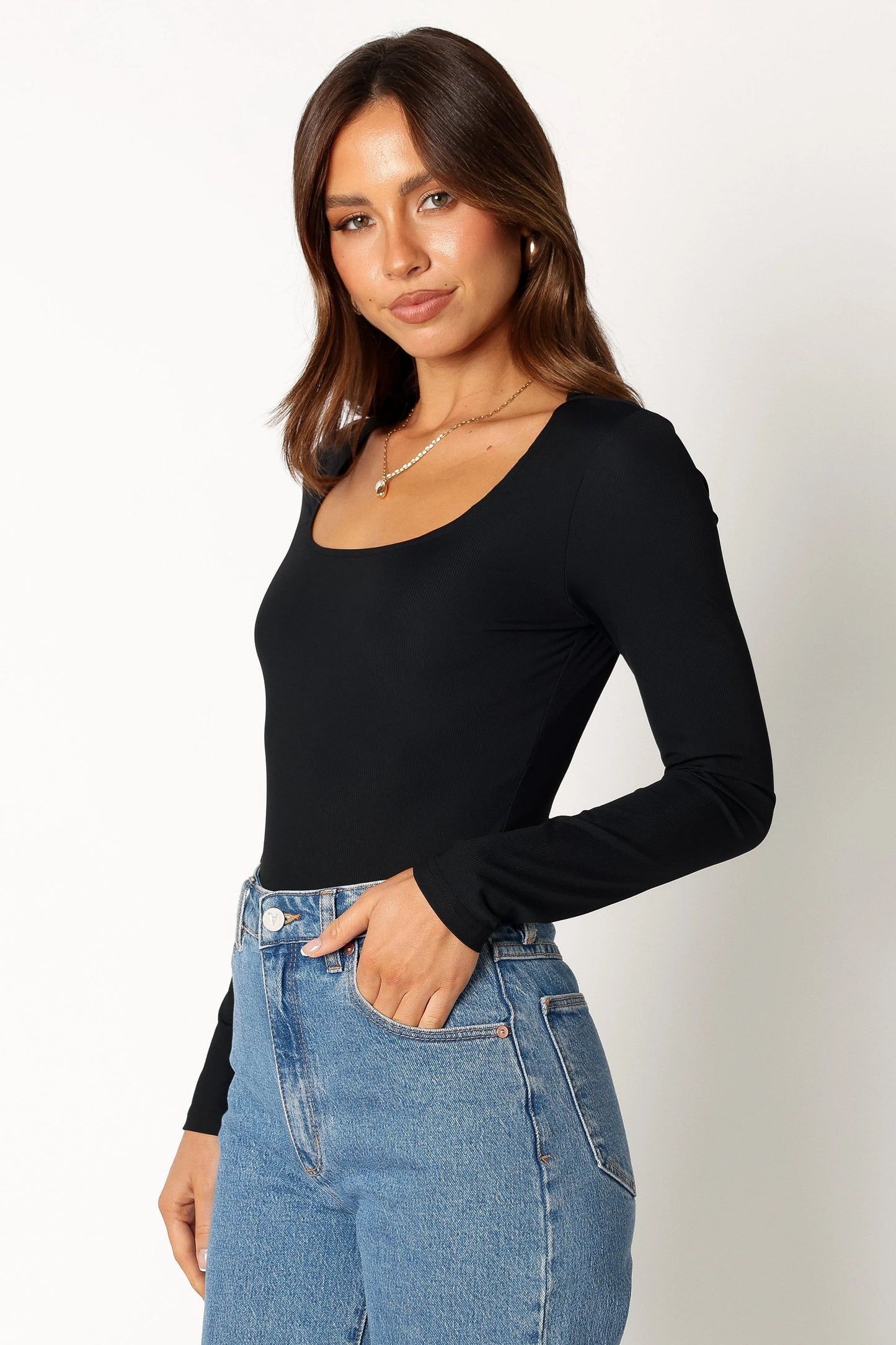 Square-Neck Ribbed Long-Sleeve Bodysuit