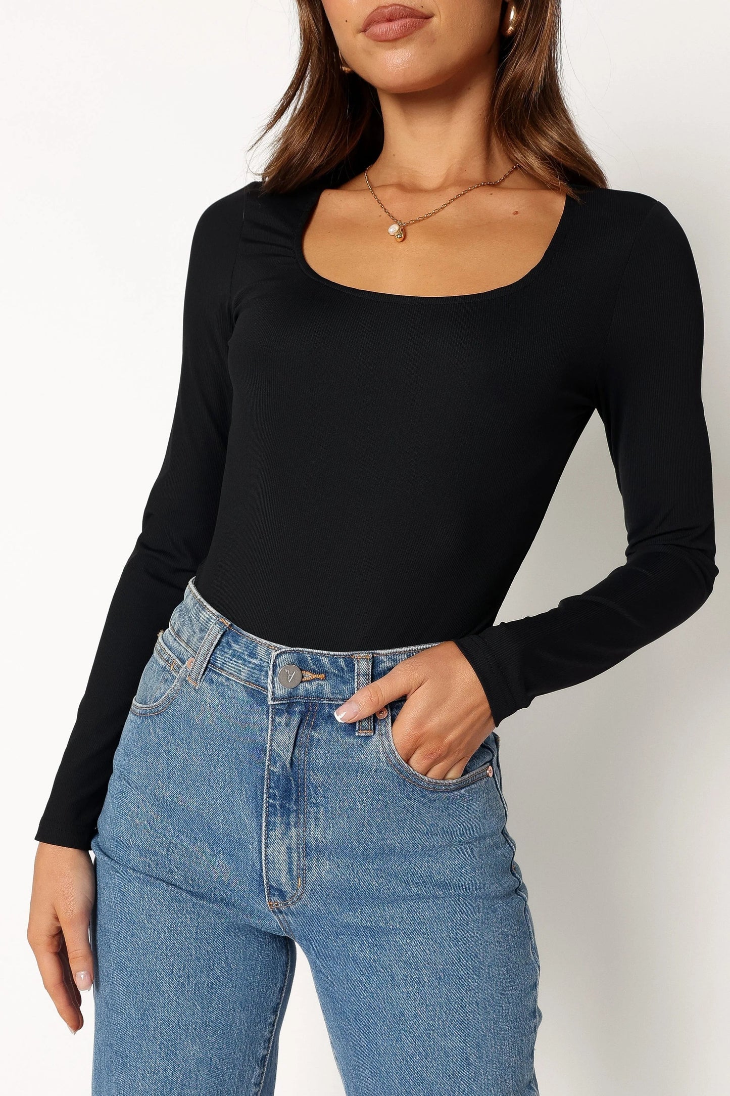 Square-Neck Ribbed Long-Sleeve Bodysuit