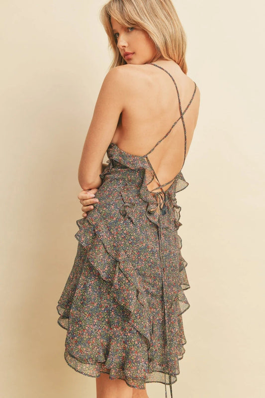 Tie-Back Strappy Ruffle Mini Dress